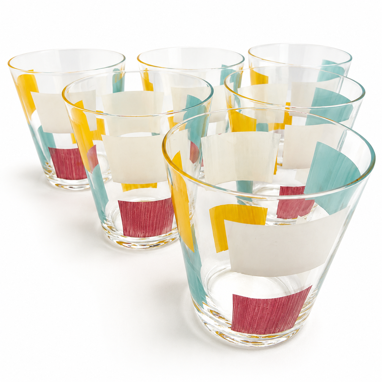 6er Set Mid Century Likörgläser | Mondrian Stil | Geometrisch Bunt 50er Vintage Markenlos