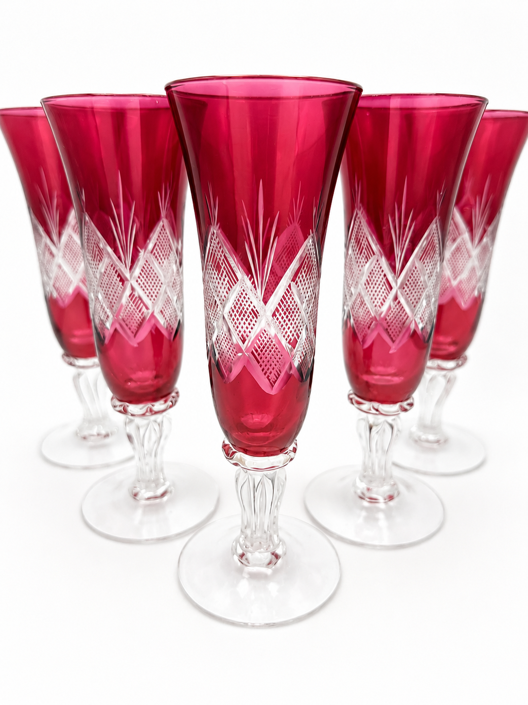 5er Set Vintage Sektflöten | Rubinrot Überfangglas | Böhmisches Kristall 70er Nicht markiert