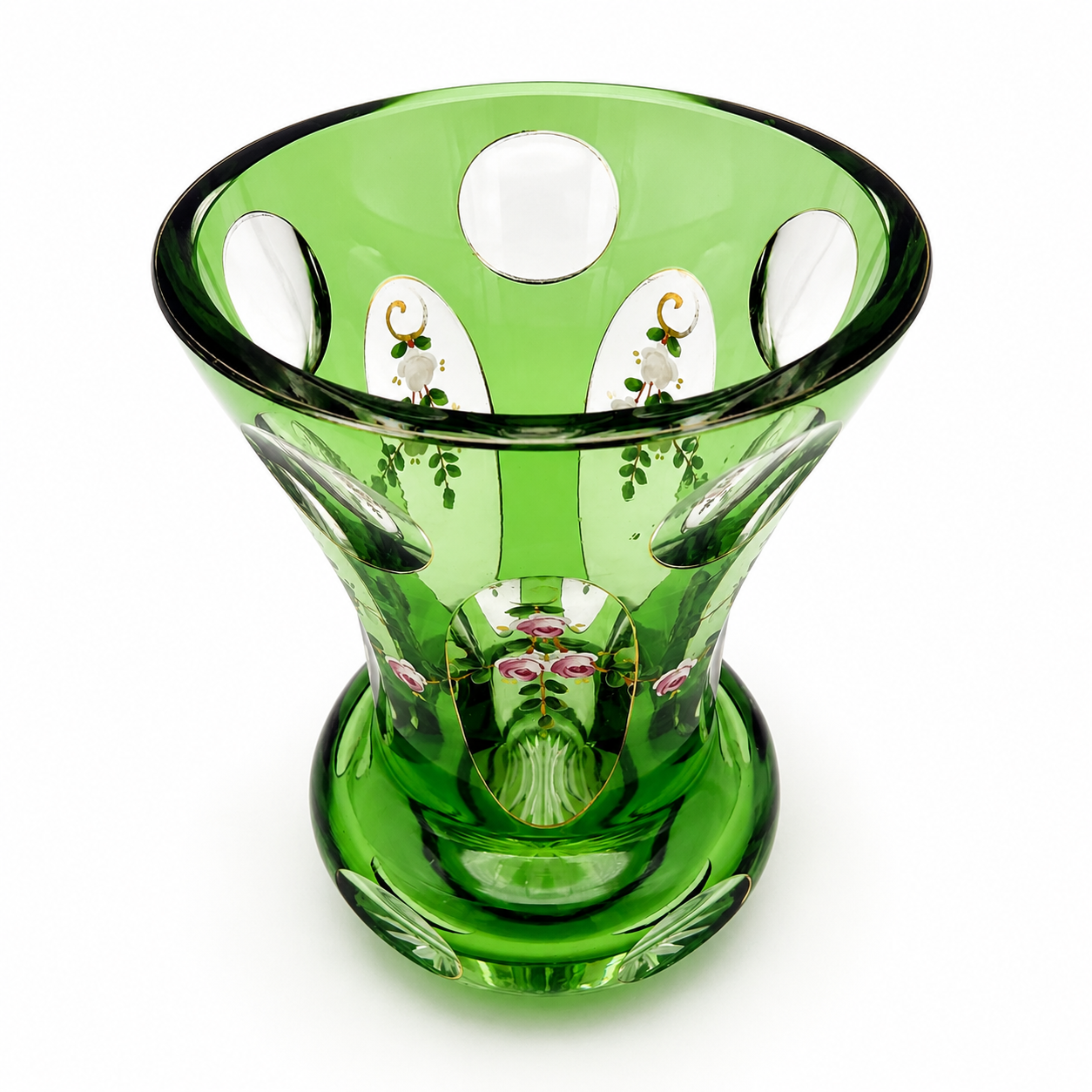 Antik Böhmische Glas Vase Smaragdgrün Emaille-Malerei Handarbeit Vintage 13,5cm Nicht markiert