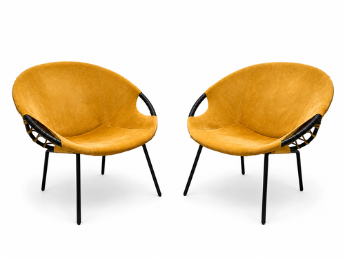 2er Set Lusch & Co. Balloon Chair Sessel 60er Jahre Wildleder Senfgelb Vintage Showroom Ansbach