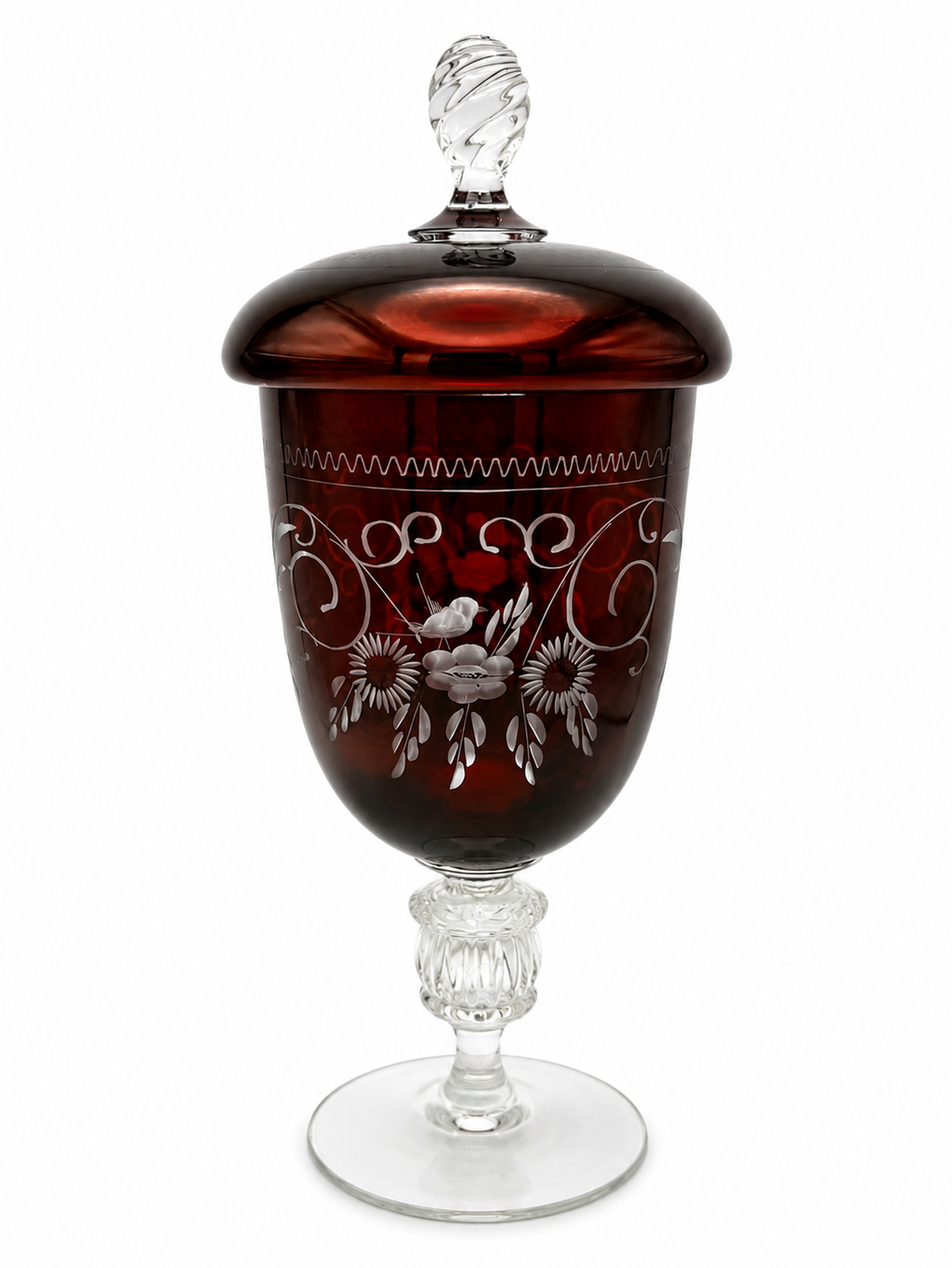 Großer Prunk-Deckelpokal | Böhmisches Egermann Glas | Rubinrot | Handgraviert Egermann