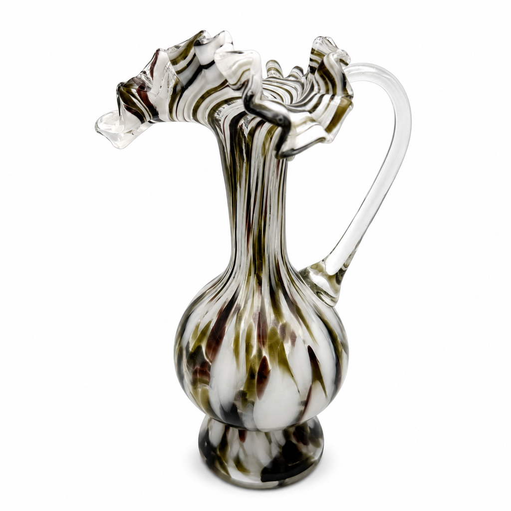 Murano Glas Henkelvase | Zebra-Optik Bunt | Bordeaux & Erdtöne | Rüschenrand | 2 Murano