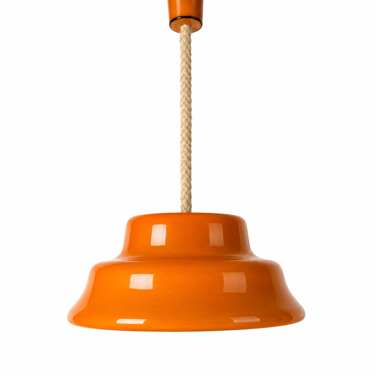 Retro Keramik Pendelleuchte I Orange I Seil-Aufhängung I 70er Jahre Design Showroom Ansbach