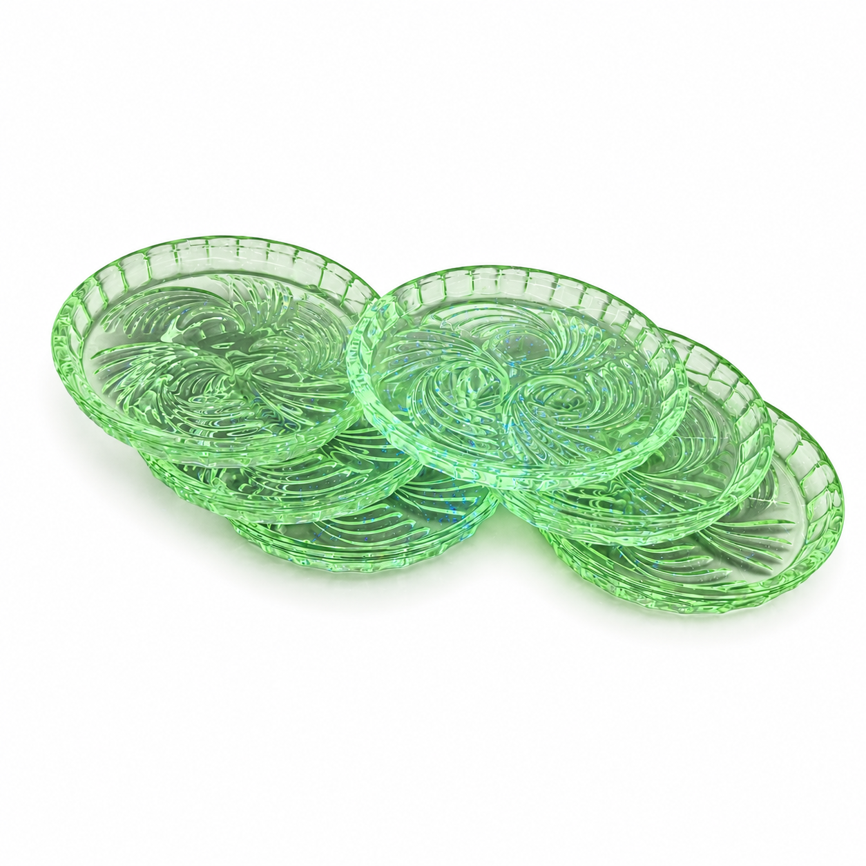 6x Uranglas Untersetzer Tellerchen Art Deco UV Glas fluoreszierend 8,5 cm Set Showroom Ansbach