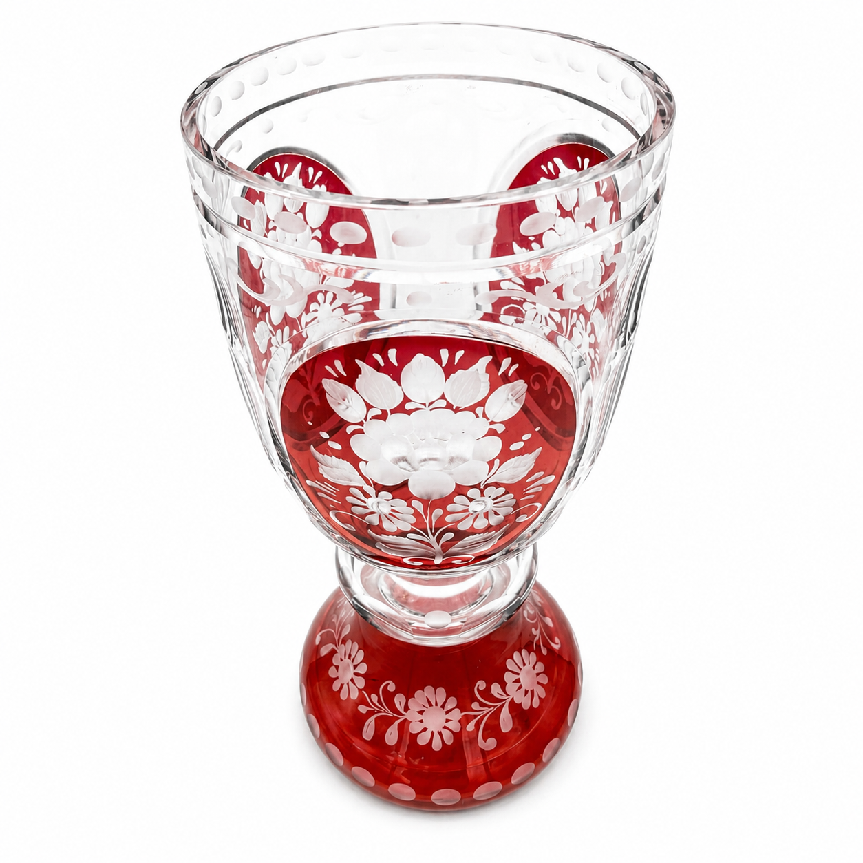 Antik Böhmischer Glas Pokal Rubinrot Überfang Handgeschliffen Blumen ca. 1880 Nicht markiert