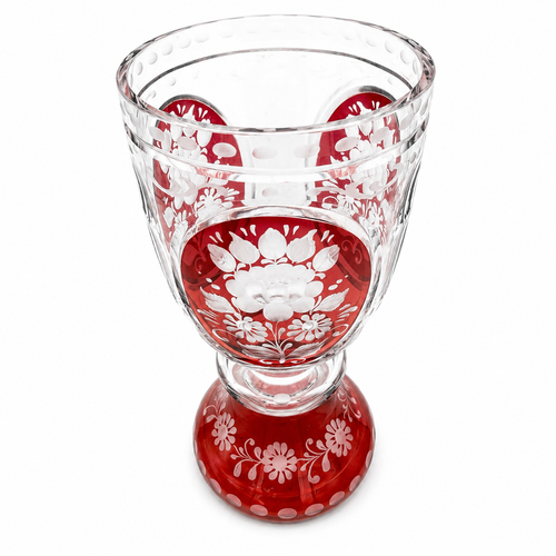 Antik Böhmischer Glas Pokal Rubinrot Überfang Handgeschliffen Blumen ca. 1880 Nicht markiert