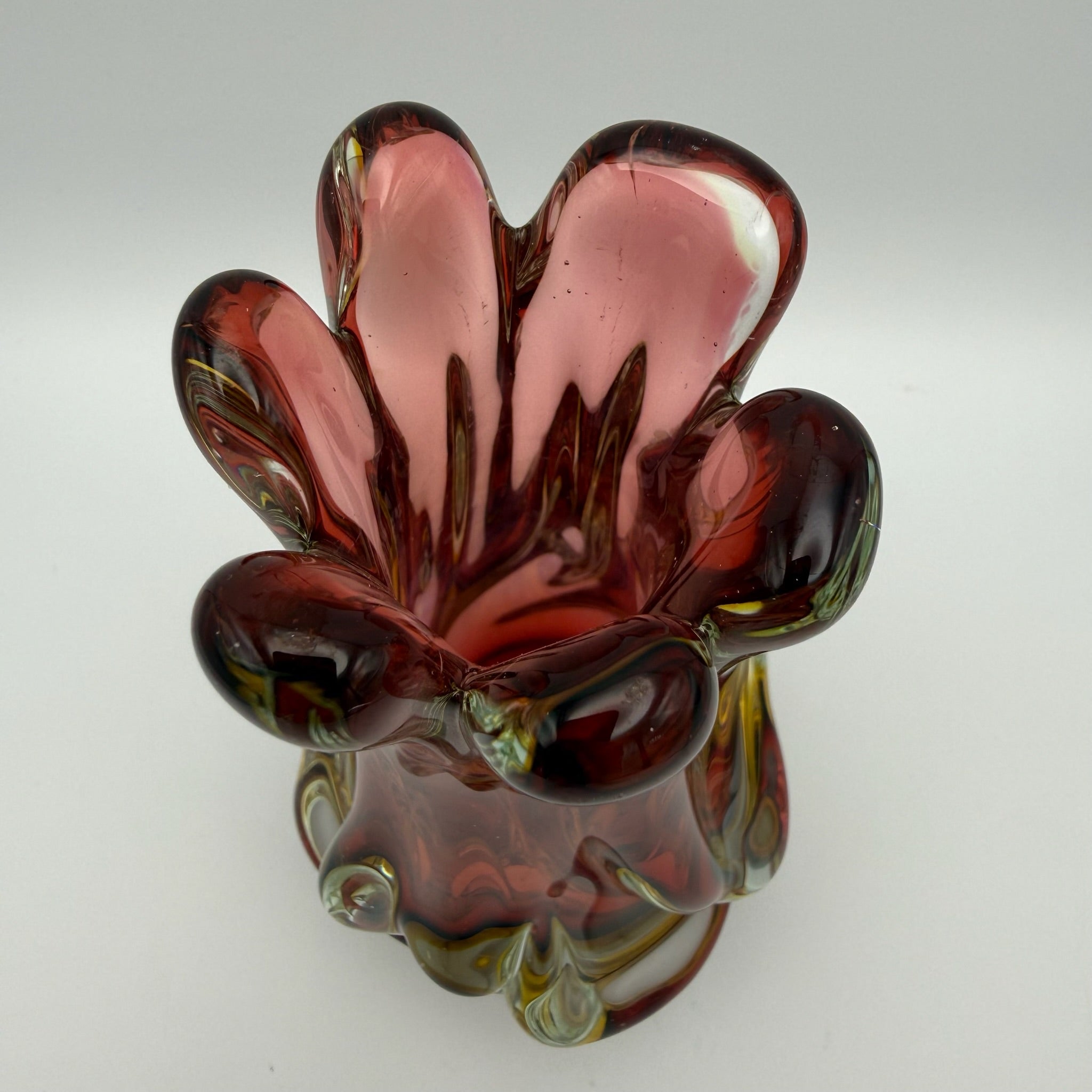 Vintage Murano Stil Glas Vase Rot Gelb Handgeformt Wellenrand Kunstglas 70er Showroom Ansbach