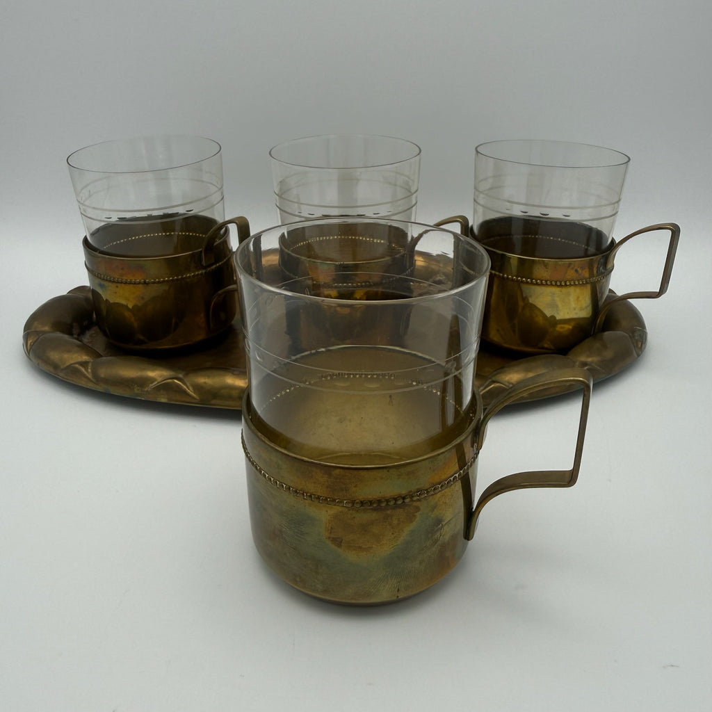 Antikes WMF Jugendstil Teeglas Set 1910 I Jenaer Glas 4er Set mit Tablett I Gemarkt Straußenmarke Geislingen I Rarität WMF