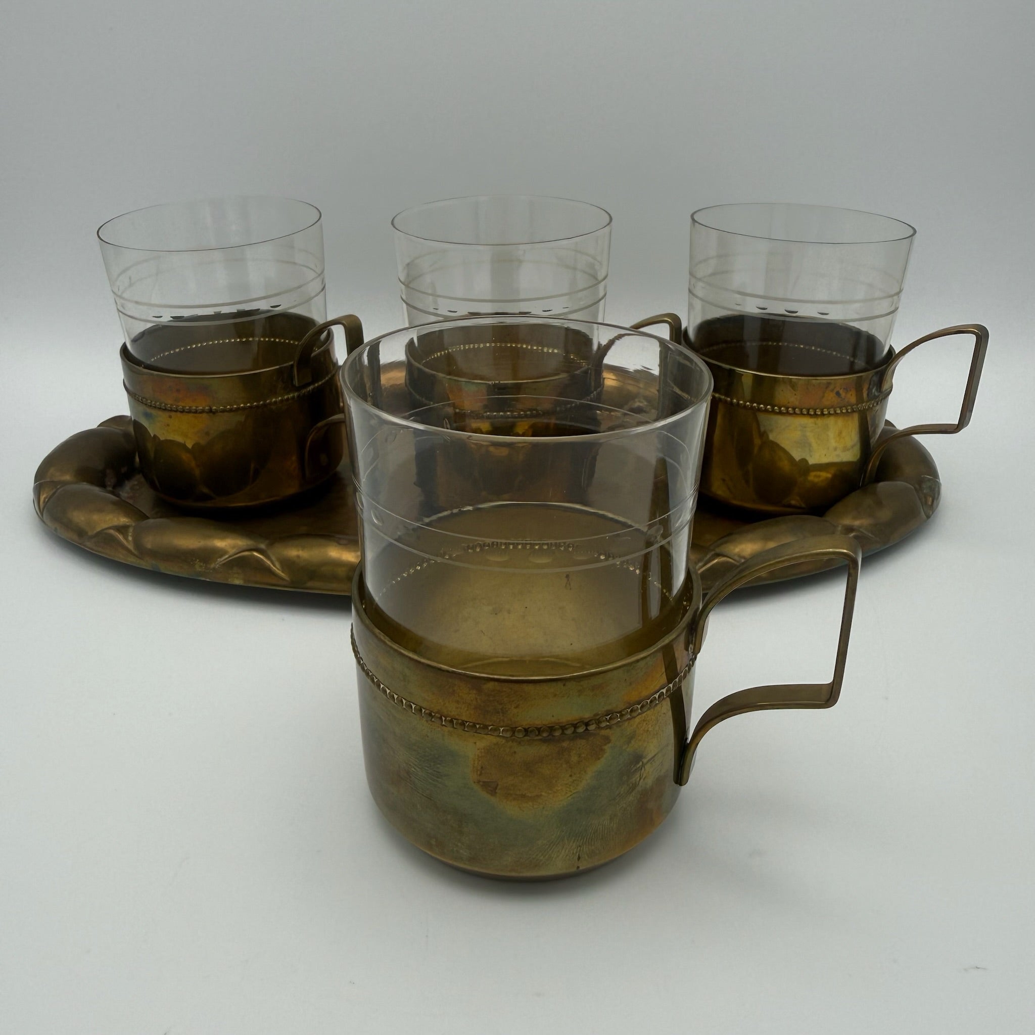 Antikes WMF Jugendstil Teeglas Set 1910 I Jenaer Glas 4er Set mit Tablett I Gemarkt Straußenmarke Geislingen I Rarität WMF