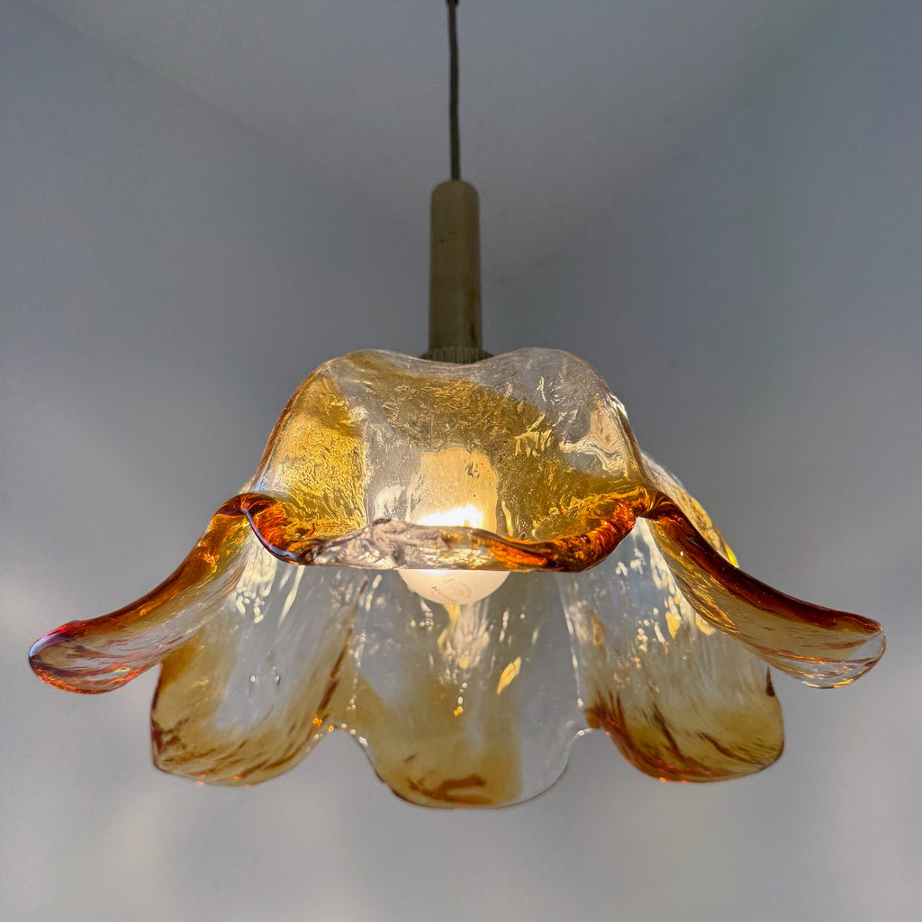 Große Murano Glas Pendelleuchte 70er I AV Mazzega Stil I Blüten-Hängelampe Bernstein Orange Messing I Vintage 34,5 cm Murano