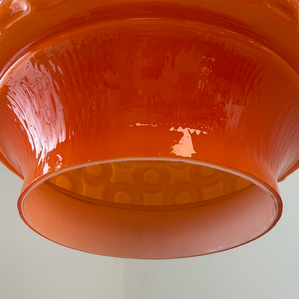 Space Age Pendelleuchte I Orange Tulpenform Überfangglas 1970er I Monumentale Hängeleuchte Pop-Art Vintage Design Showroom Ansbach