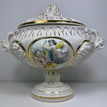 Prunkschale mit Deckel Keramus R. Capodimonte I Große Porzellan Terrine Handbemalt Gold I Italien um 1960 Keramos