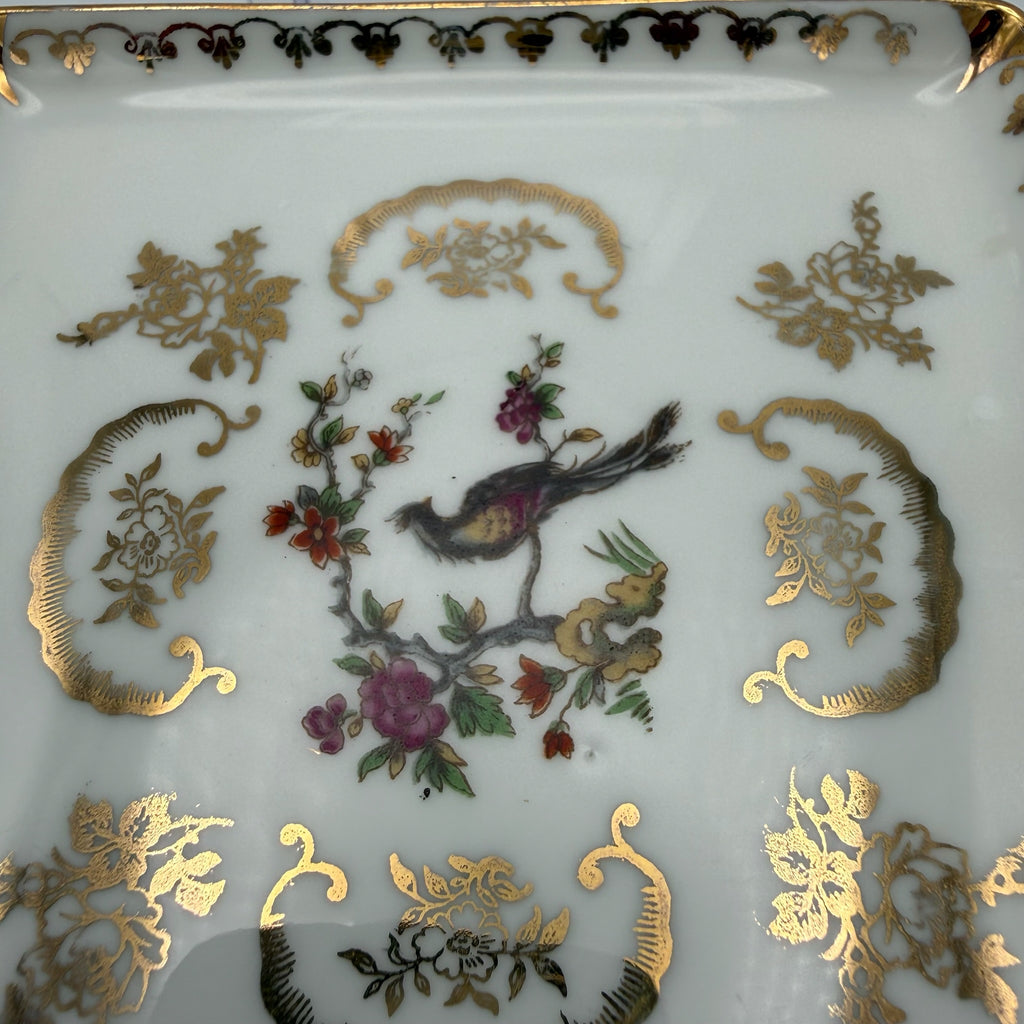 Antiker Limoges Teller I Quadratisch I Vögel Handbemalt I Chavagnac I Um 1900 Limoges