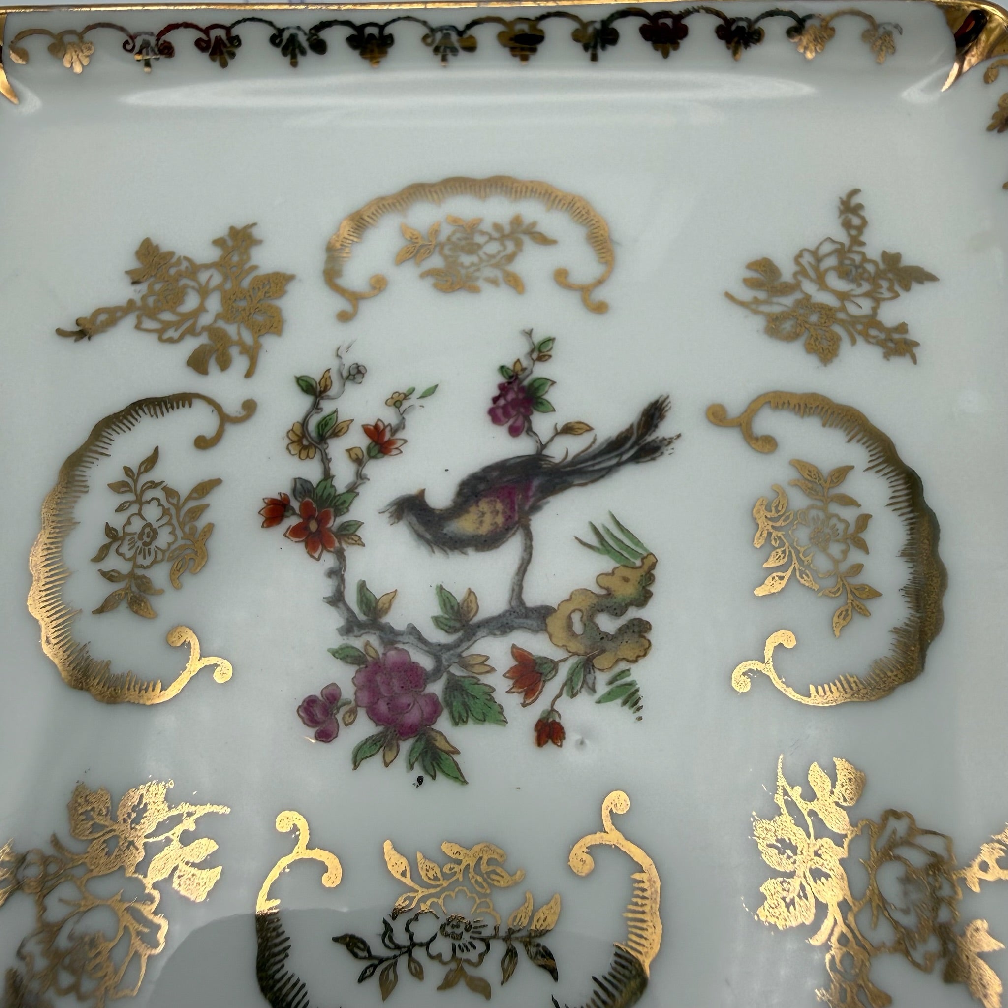 Antiker Limoges Teller I Quadratisch I Vögel Handbemalt I Chavagnac I Um 1900 Limoges