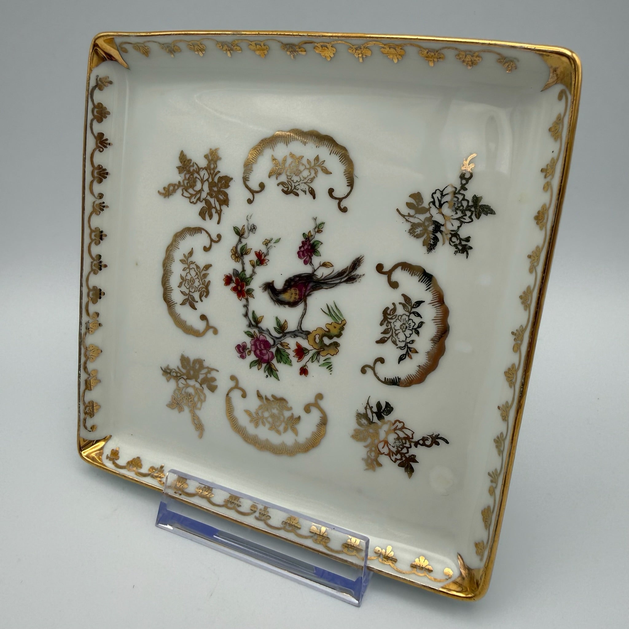 Antiker Limoges Teller I Quadratisch I Vögel Handbemalt I Chavagnac I Um 1900 Limoges