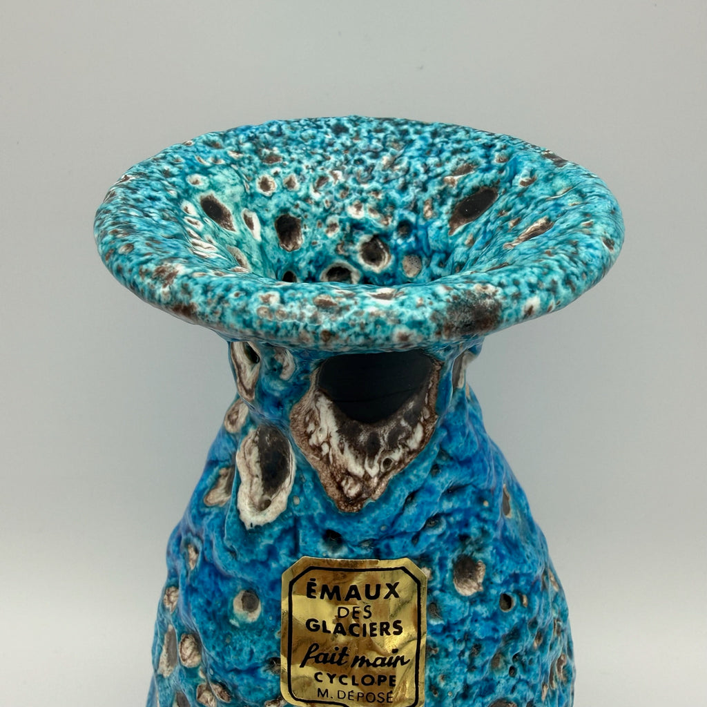 Brutalistische Fat Lava Keramik Vase von Charles Cart I Vallauris Frankreich 1960er I Blau Türkis Volkanique I Mit Original Etikett 18,8 cm Charles Cart