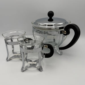 Vintage Bodum Teekanne mit 2 Tassen I Glas & Chrom – Mid Century Design I 3-teiliges Set