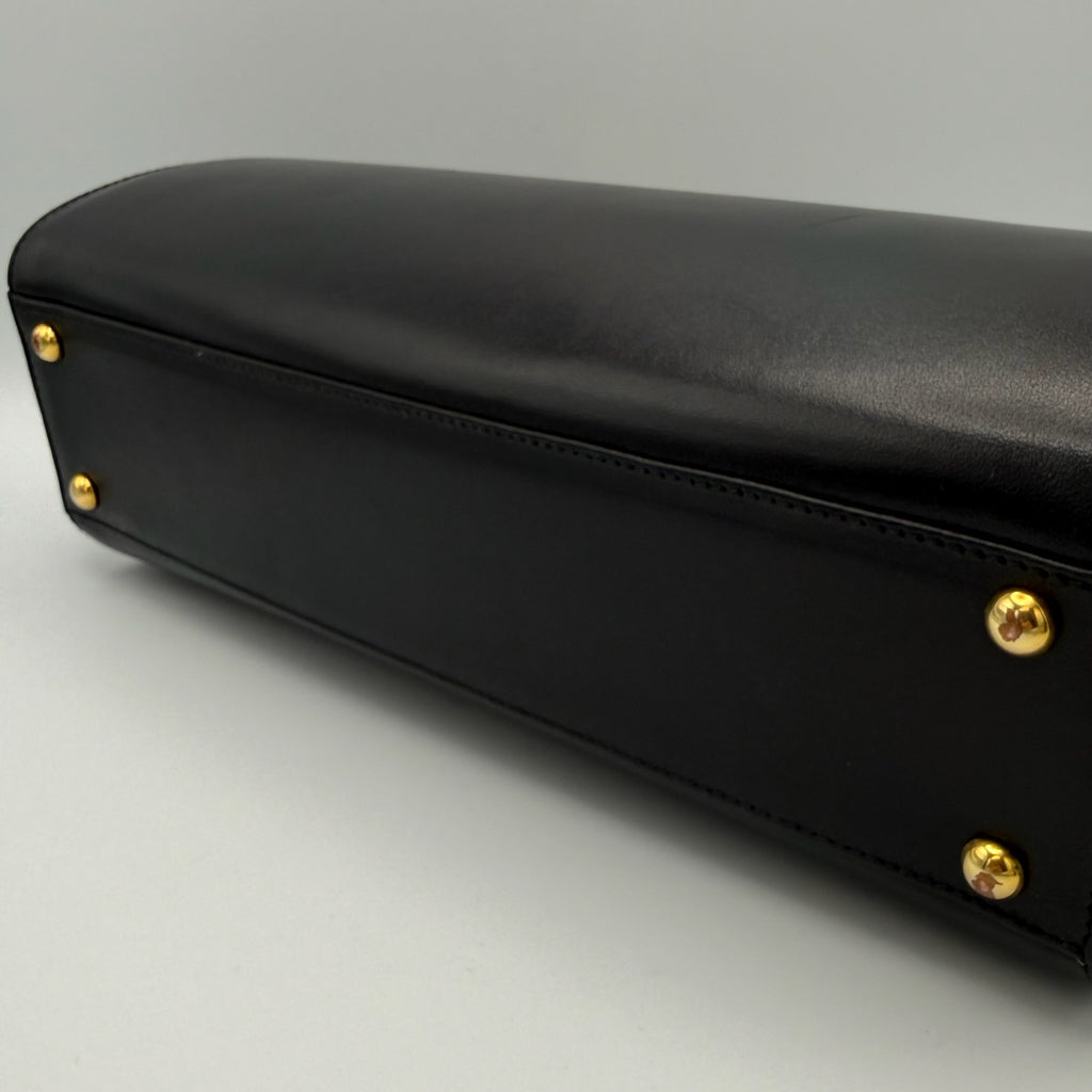 Goldpfeil Vintage Lederhandtasche I Black Boxcalf I Gold-Hardware I Mid-Century um 1960 I Mit Spiegel I 33 cm Gold Pfeil
