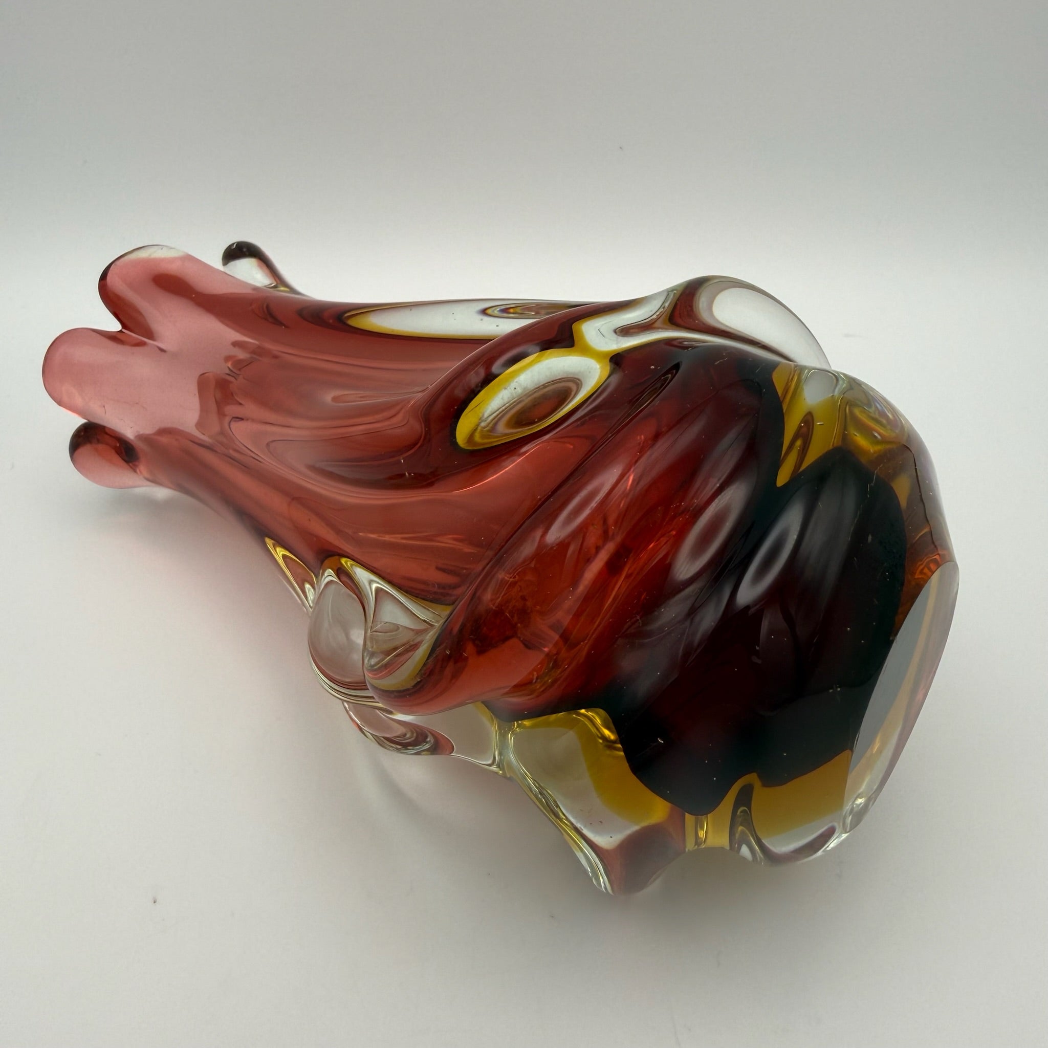Vintage Murano Stil Glas Vase Rot Gelb Handgeformt Wellenrand Kunstglas 70er Showroom Ansbach
