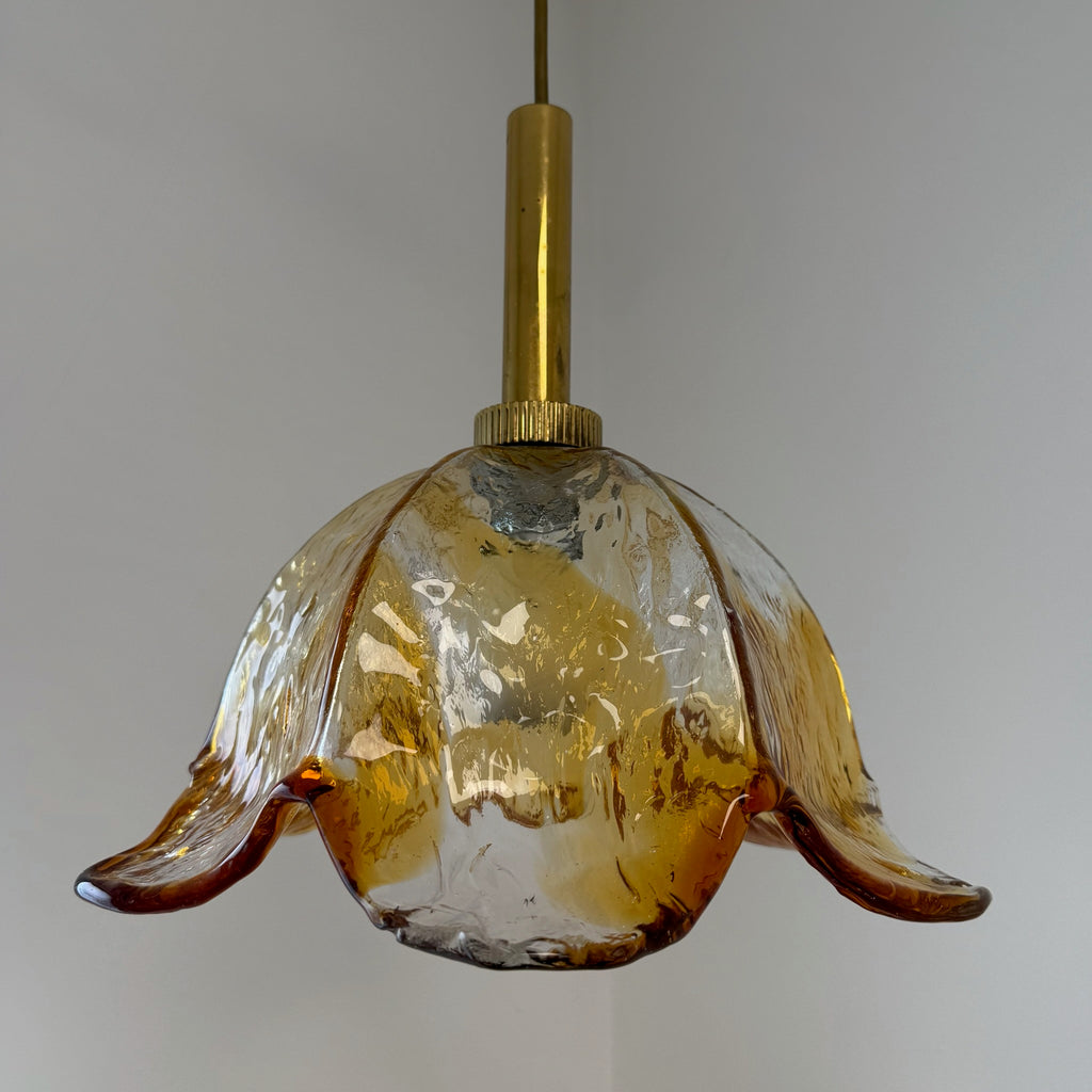 Große Murano Glas Pendelleuchte 70er I AV Mazzega Stil I Blüten-Hängelampe Bernstein Orange Messing I Vintage 34,5 cm Murano