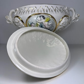 Prunkschale mit Deckel Keramus R. Capodimonte I Große Porzellan Terrine Handbemalt Gold I Italien um 1960 Keramos