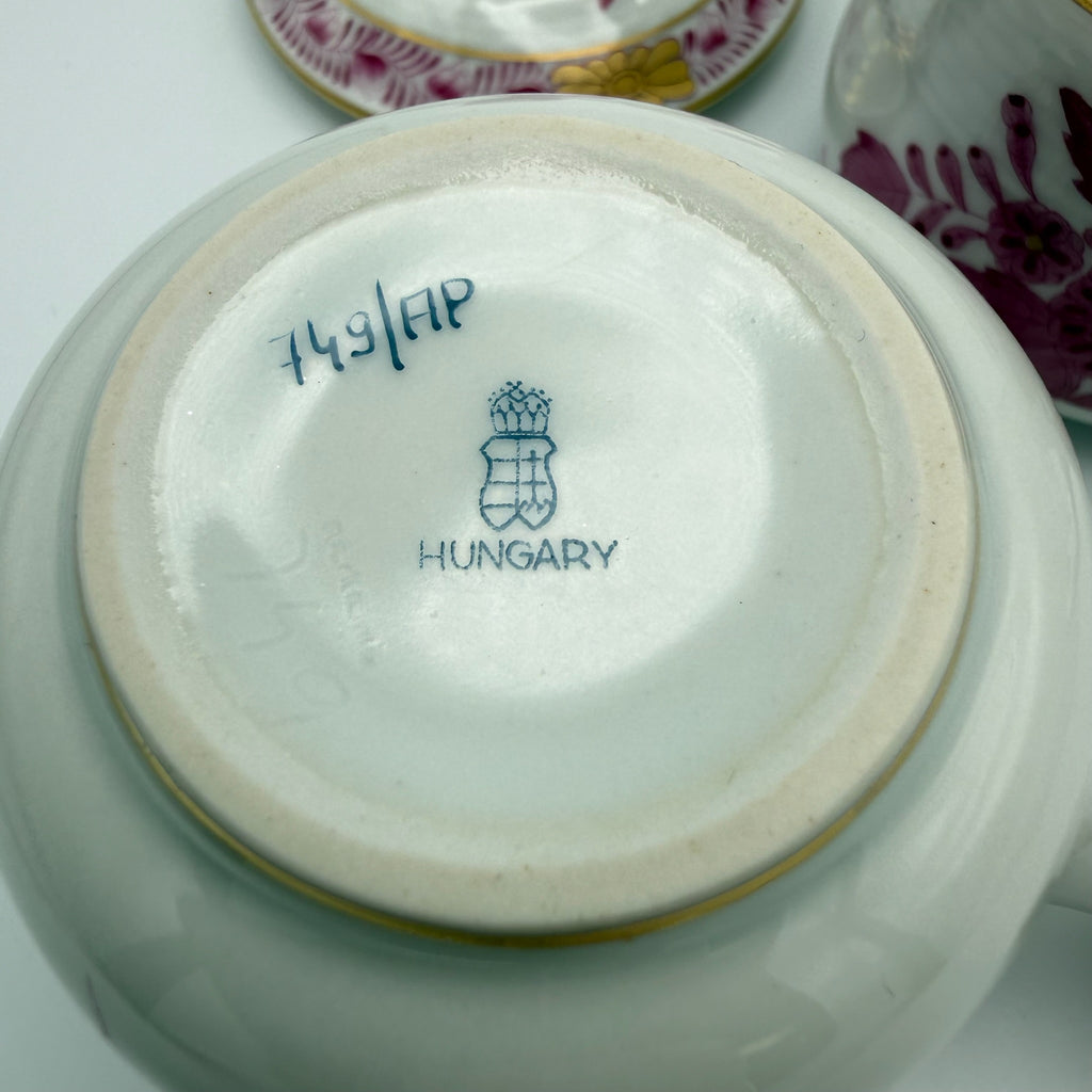 4er Set Herend Schokoladentassen mit Deckel I Apponyi Purpur I Handgemalt Rosenknauf Goldstaffage I Seltene Crème-Töpfen Herend