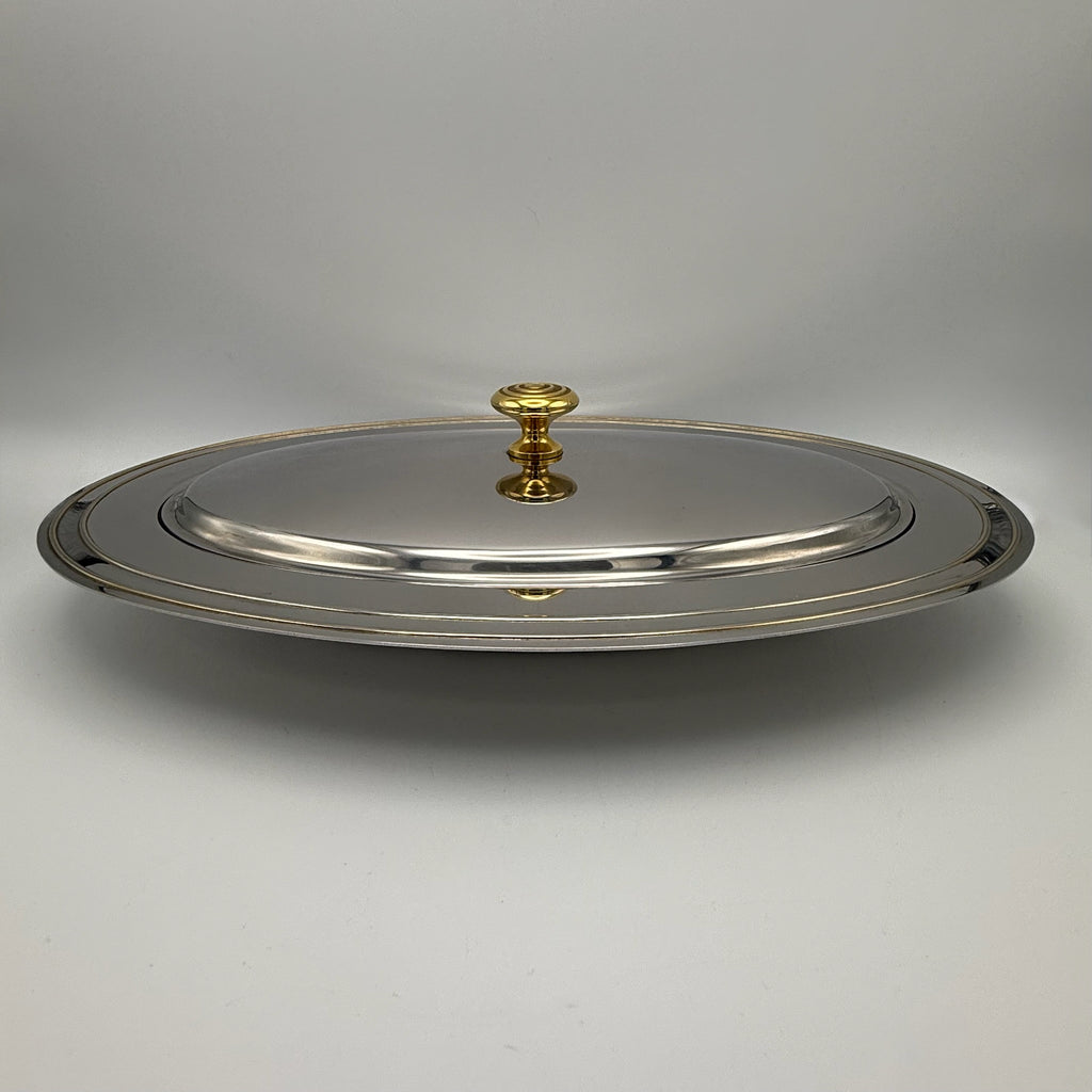 WMF Vintage Legumiere Oval I Cromargan & Messingknauf I Servierschale mit Deckel 1980er I Entree-Schale 34,5 cm WMF
