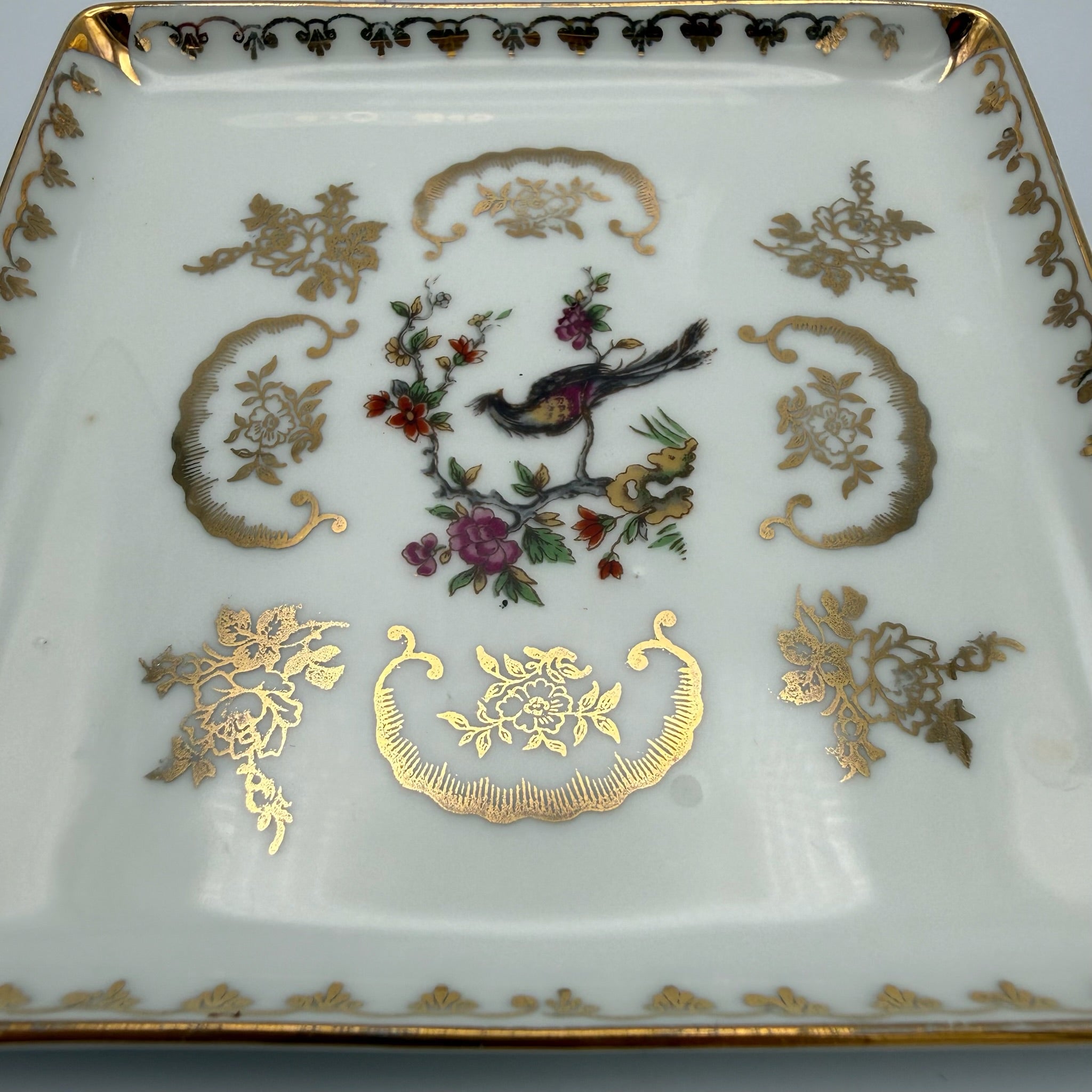Antiker Limoges Teller I Quadratisch I Vögel Handbemalt I Chavagnac I Um 1900 Limoges