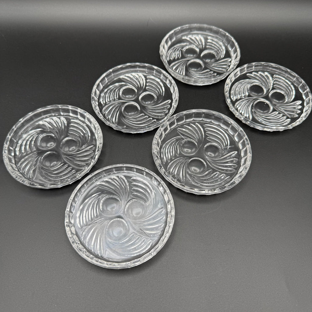6x Uranglas Untersetzer Tellerchen Art Deco UV Glas fluoreszierend 8,5 cm Set Showroom Ansbach