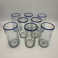 8er Set Vintage Wassergläser I Mundgeblasen Handarbeit I Blasen Glas Biot Stil I Blauer Rand I 1970er I 12,7 cm Showroom Ansbach
