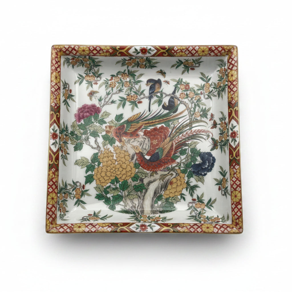 Saji Japan Teller Quadratisch Pfingstrose Paradiesvogel Handmalerei Vintage 1970 Saji