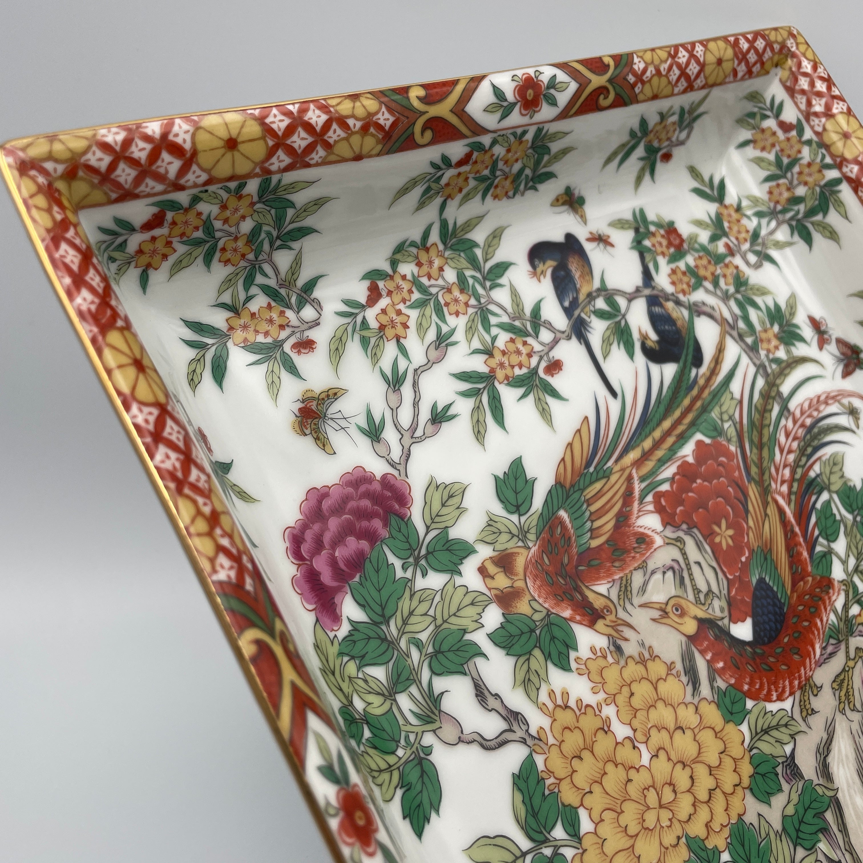Saji Japan Teller Quadratisch Pfingstrose Paradiesvogel Handmalerei Vintage 1970 Saji