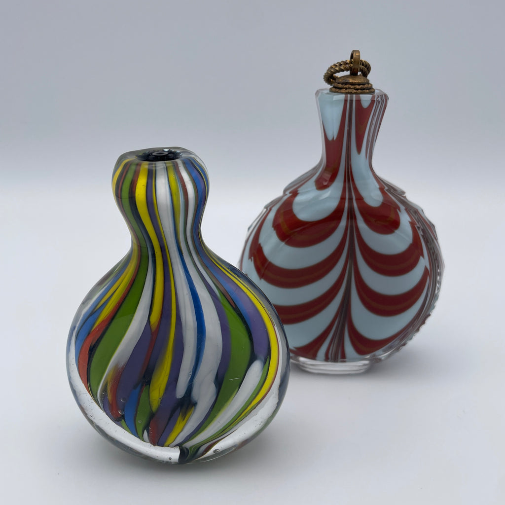 Glasflakon Parfuemflakon 2er Set Murano Stil Bunt Rot Weiss Vintage 1970 Murano