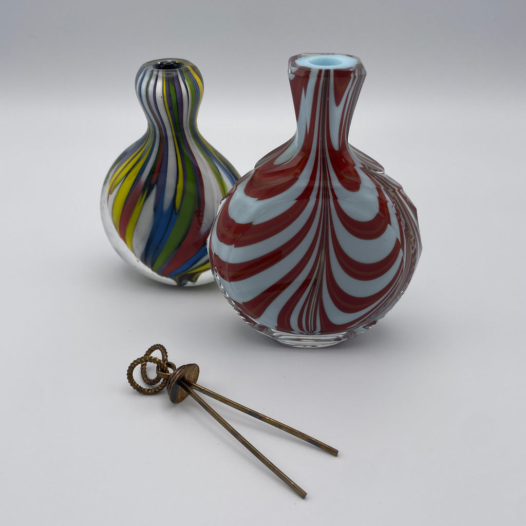 Glasflakon Parfuemflakon 2er Set Murano Stil Bunt Rot Weiss Vintage 1970 Murano