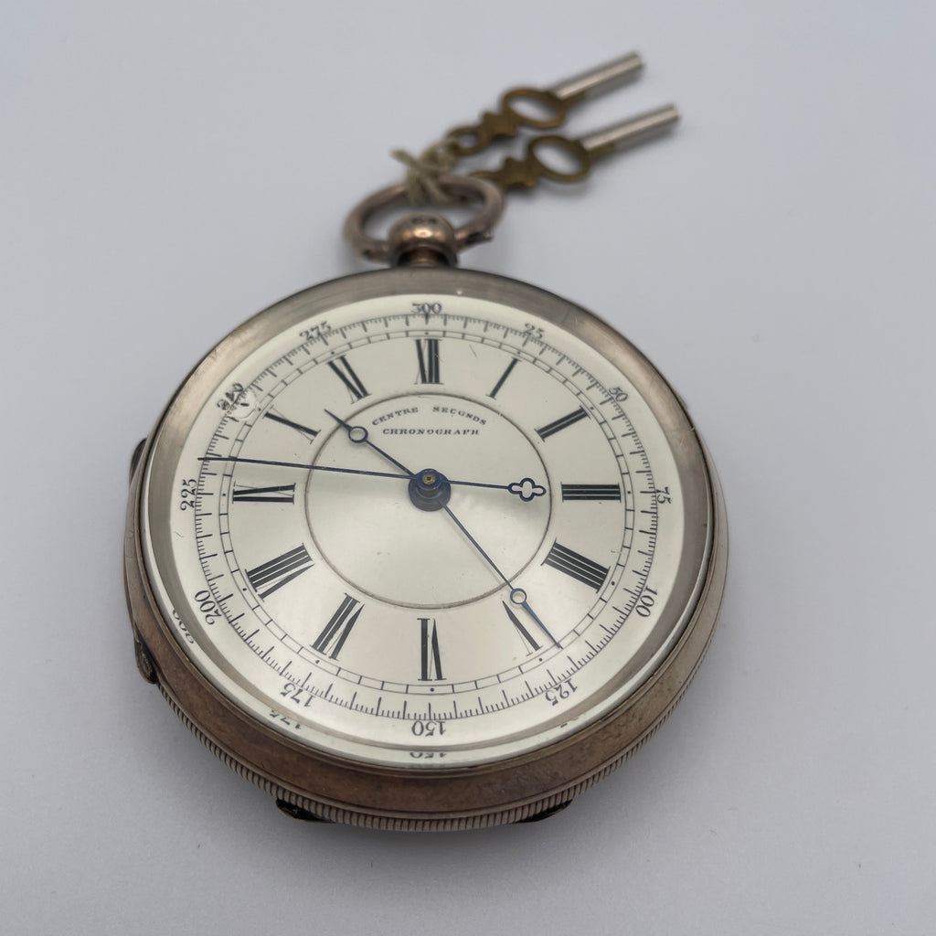 925 Silber Taschenuhr Centre Seconds Chronograph Chester 1893 England Schlüssel Showroom Ansbach