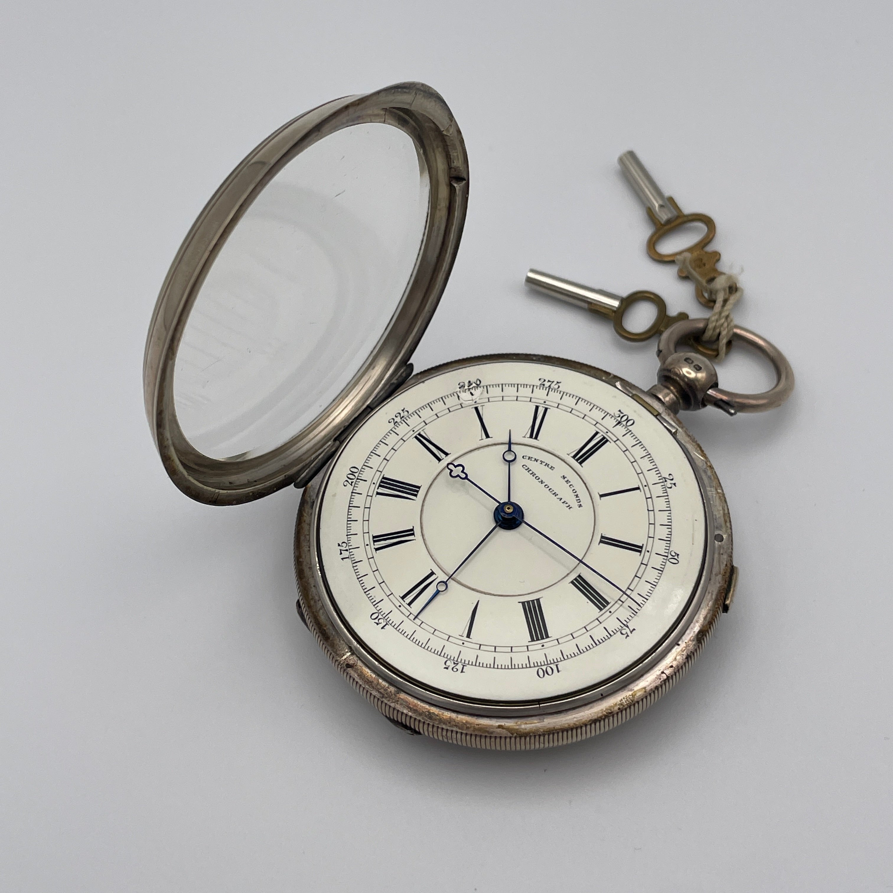 925 Silber Taschenuhr Centre Seconds Chronograph Chester 1893 England Schlüssel Showroom Ansbach