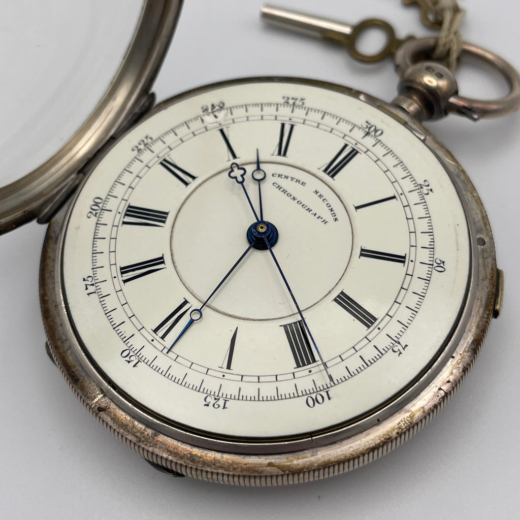 925 Silber Taschenuhr Centre Seconds Chronograph Chester 1893 England Schlüssel Showroom Ansbach
