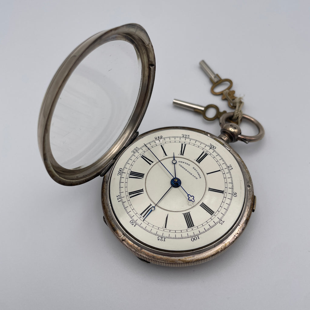 925 Silber Taschenuhr Centre Seconds Chronograph Chester 1893 England Schlüssel Showroom Ansbach