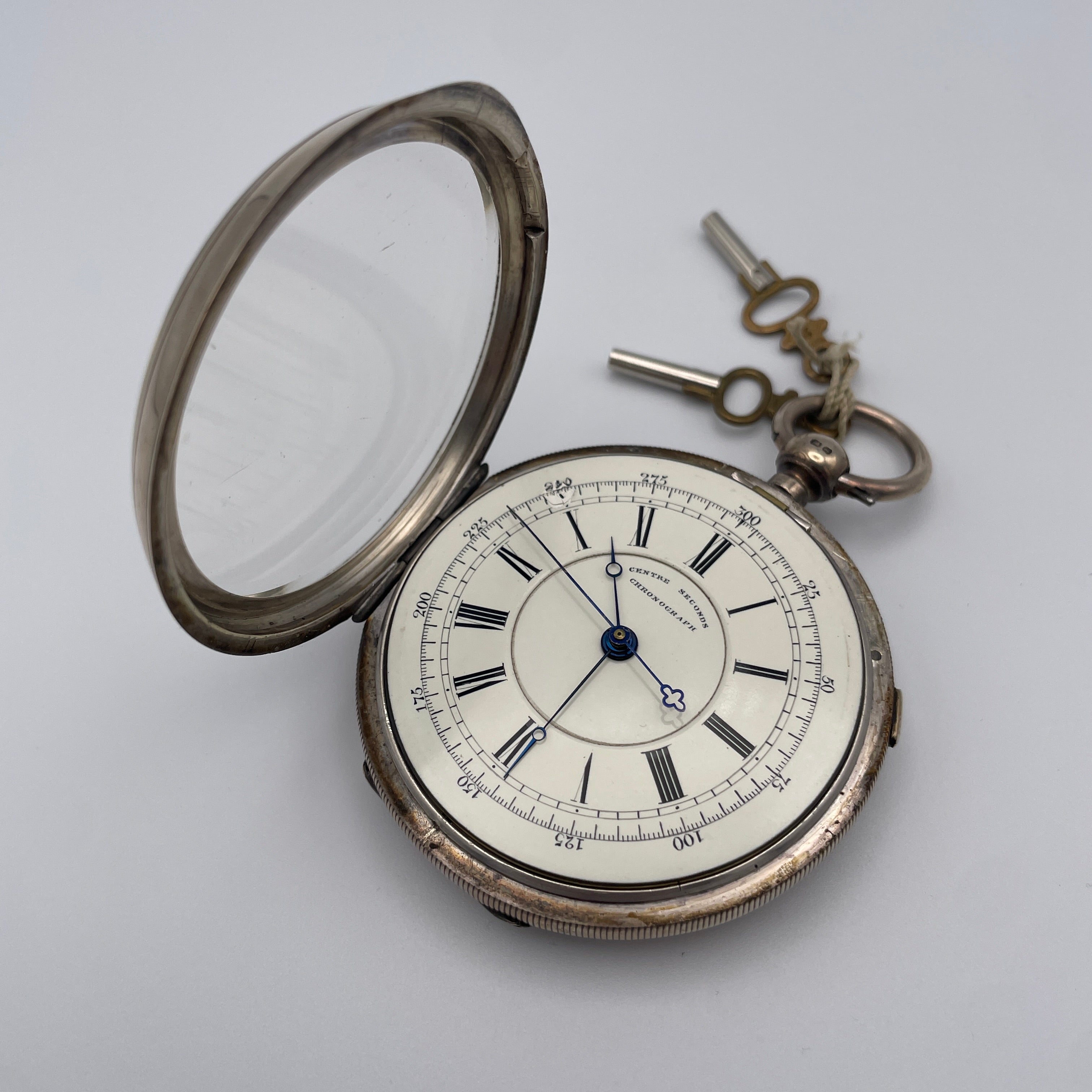 925 Silber Taschenuhr Centre Seconds Chronograph Chester 1893 England Schlüssel Showroom Ansbach
