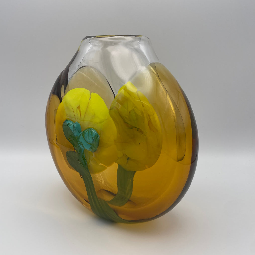 Moser Karlsbad Vase Jiri Suhajek Kunstglas Gelb Tuerkis Vintage 1970 Bohemia Jiri Suhajek