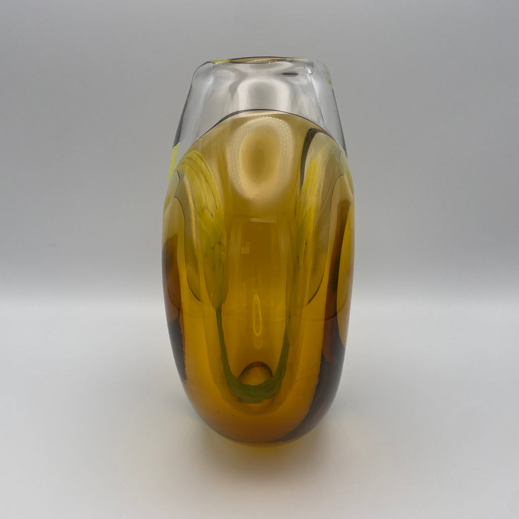 Moser Karlsbad Vase Jiri Suhajek Kunstglas Gelb Tuerkis Vintage 1970 Bohemia Jiri Suhajek