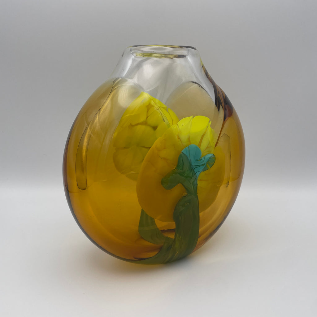 Moser Karlsbad Vase Jiri Suhajek Kunstglas Gelb Tuerkis Vintage 1970 Bohemia Jiri Suhajek