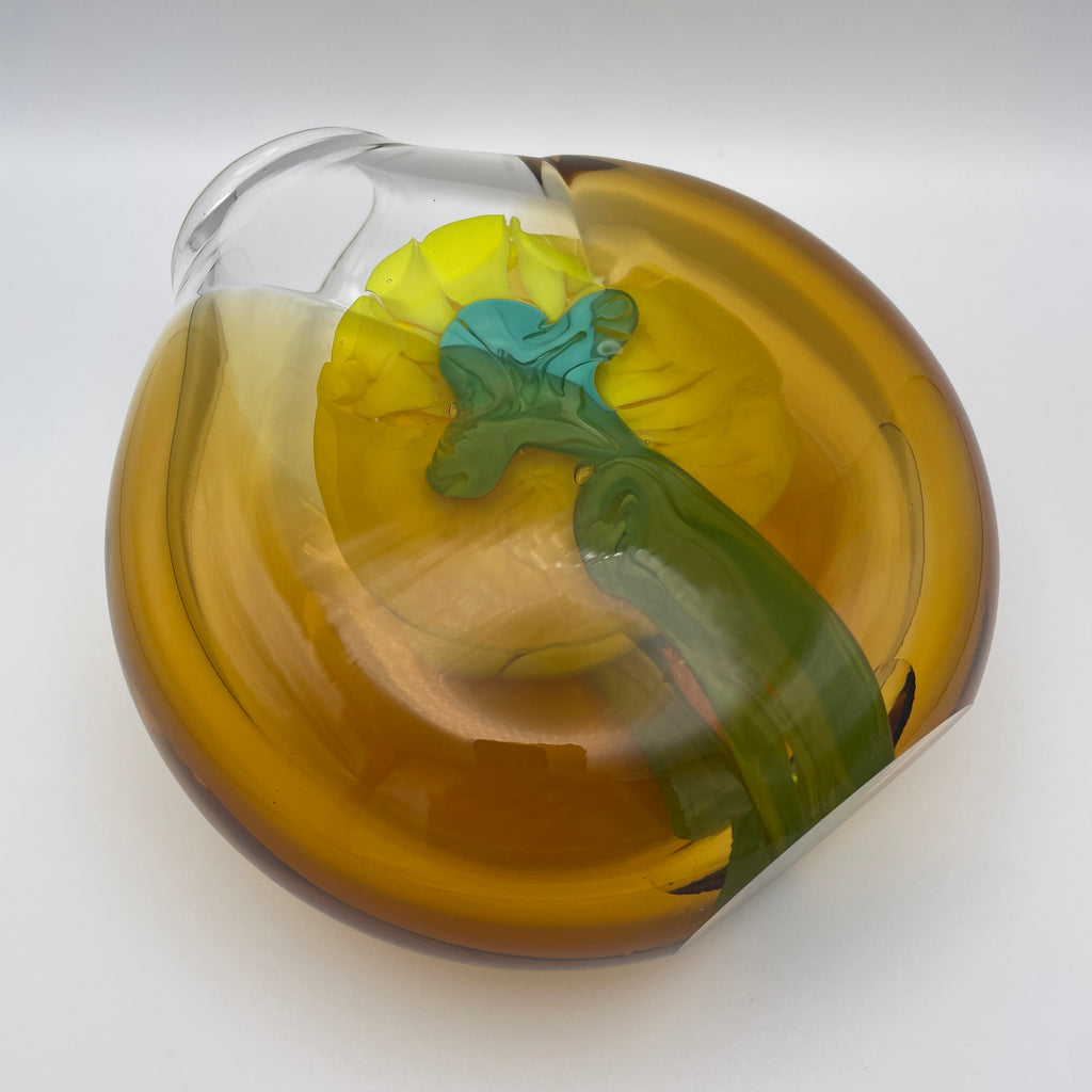 Moser Karlsbad Vase Jiri Suhajek Kunstglas Gelb Tuerkis Vintage 1970 Bohemia Jiri Suhajek