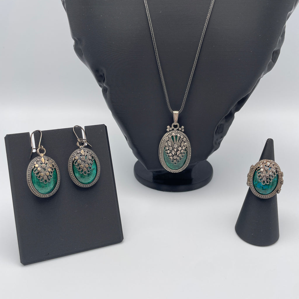 925 Silber Schmuckset Eilat-Stein Israel Filigran Vintage 20. Jh. Showroom Ansbach