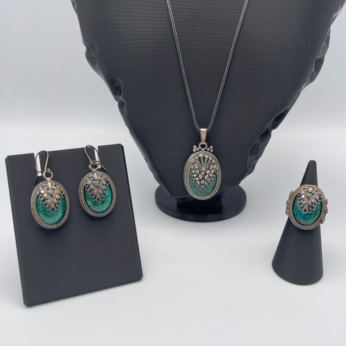 925 Silber Schmuckset Eilat-Stein Israel Filigran Vintage 20. Jh. Showroom Ansbach