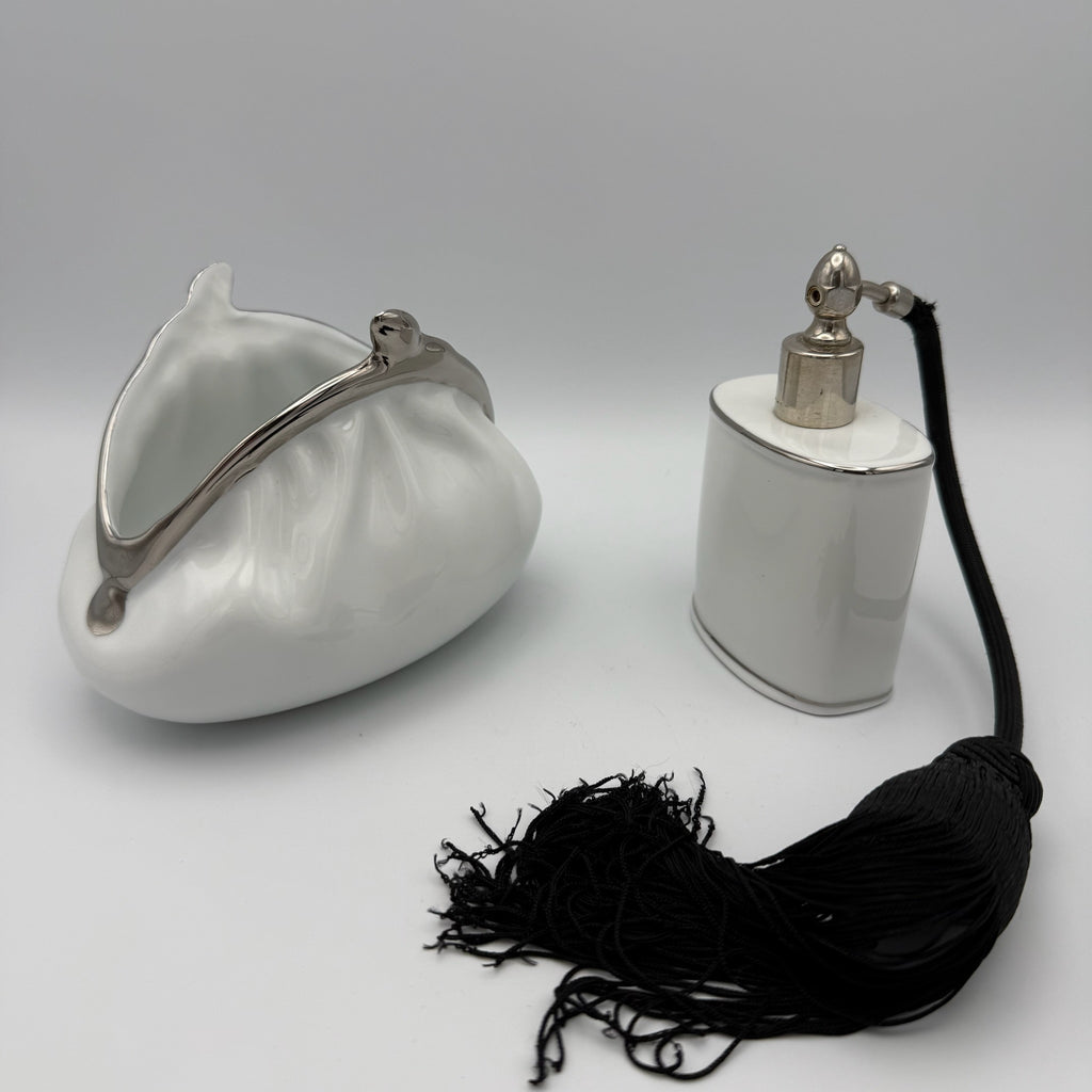 Edles Porzellan Set Inge Kuba decordesign Wiesau Platin 22k Parfümflakon & Tasche Inge Kuba