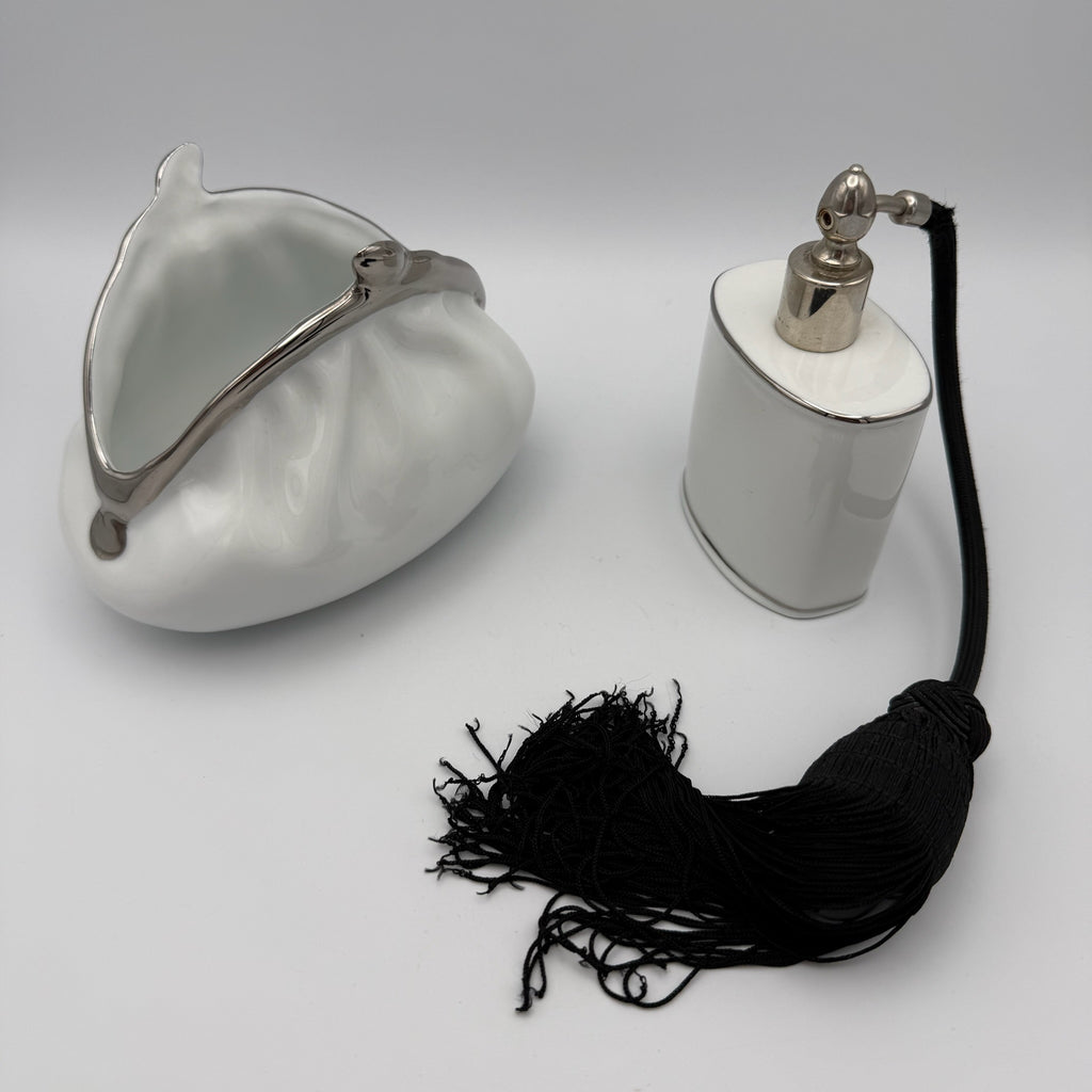 Edles Porzellan Set Inge Kuba decordesign Wiesau Platin 22k Parfümflakon & Tasche Inge Kuba