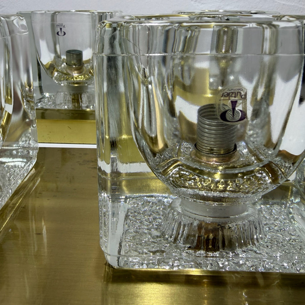 2x Peill & Putzler Wandlampe Eisglas Messing 70er Jahre Design Leuchte Kristallglas Paar Showroom Ansbach