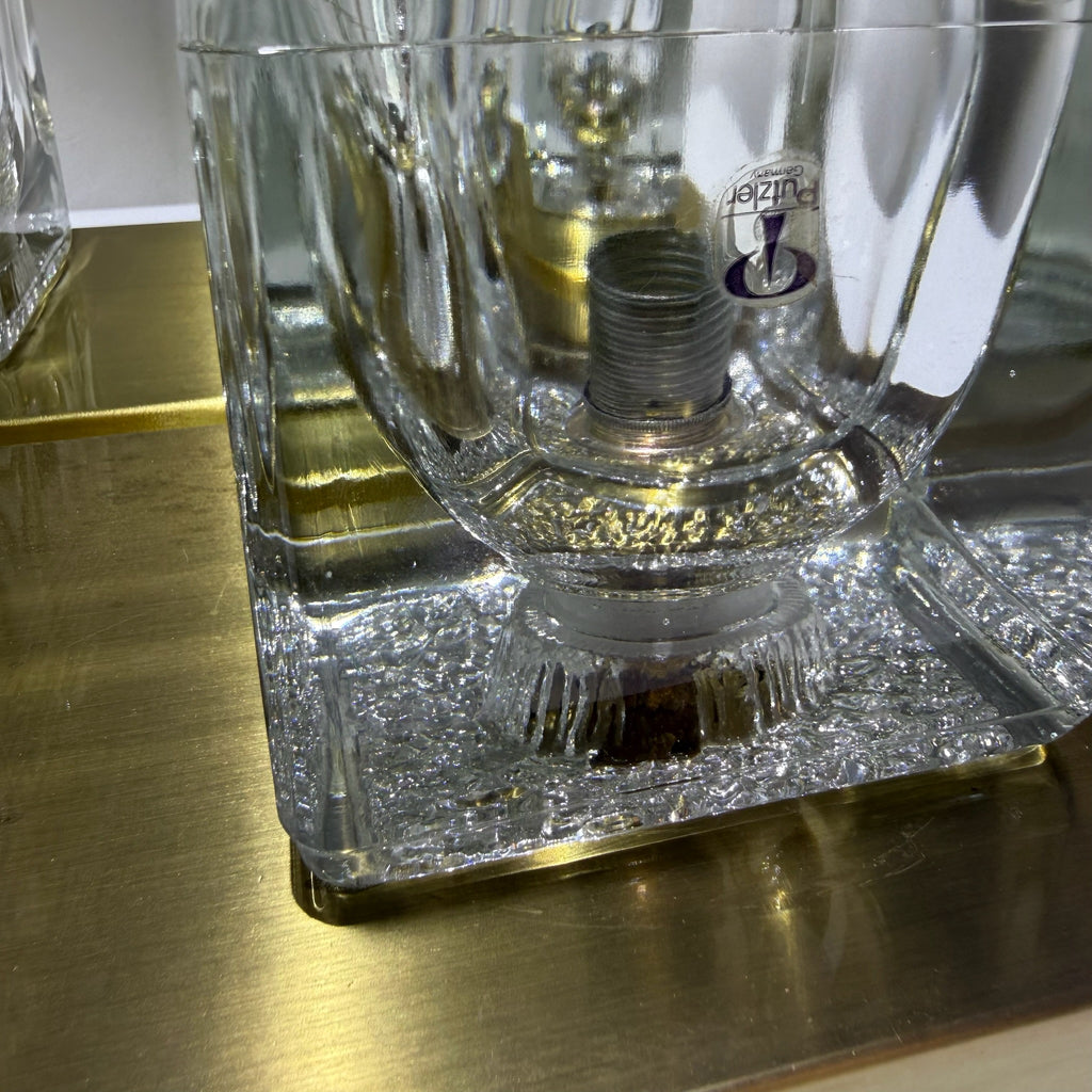 2x Peill & Putzler Wandlampe Eisglas Messing 70er Jahre Design Leuchte Kristallglas Paar Showroom Ansbach