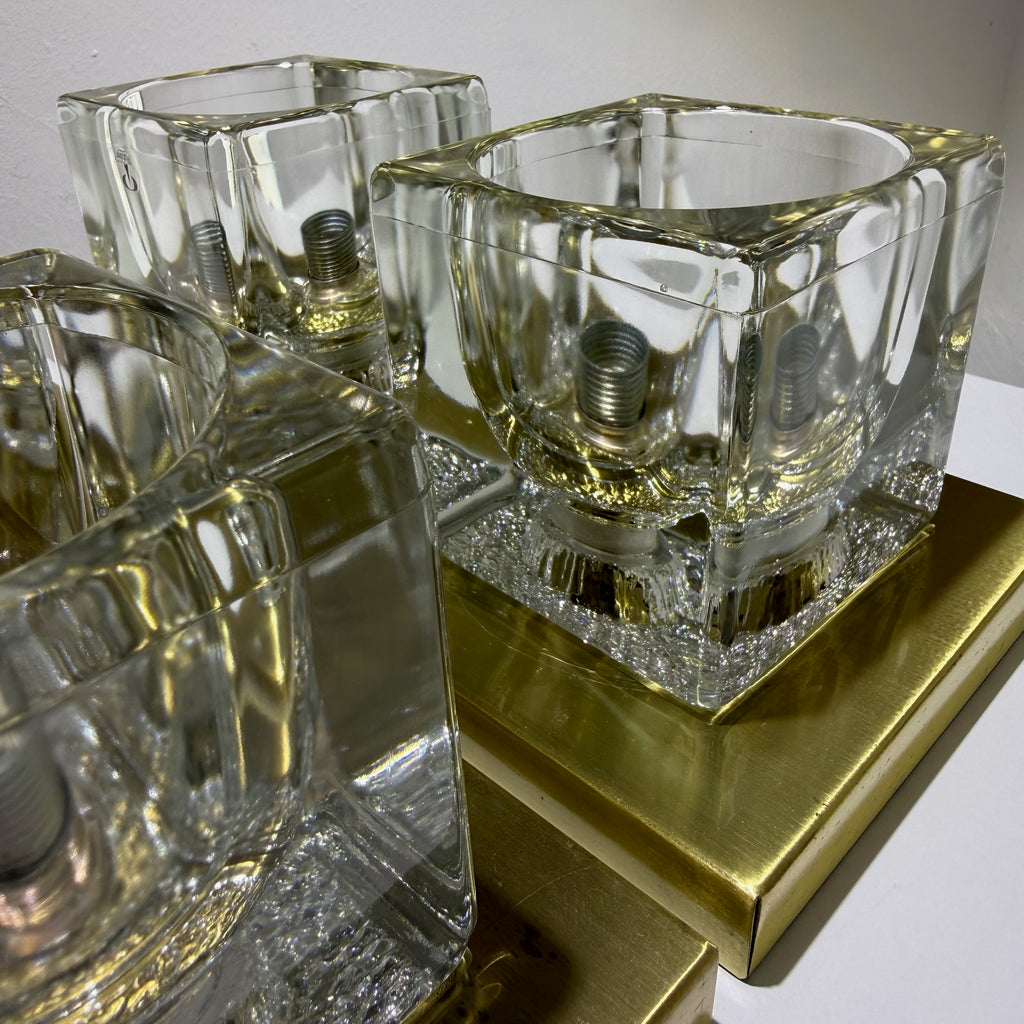 2x Peill & Putzler Wandlampe Eisglas Messing 70er Jahre Design Leuchte Kristallglas Paar Showroom Ansbach